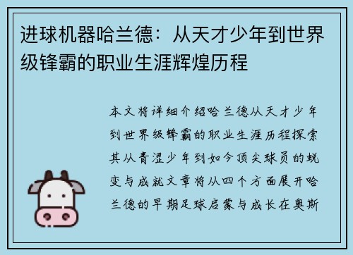 进球机器哈兰德：从天才少年到世界级锋霸的职业生涯辉煌历程