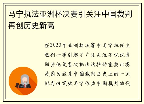 马宁执法亚洲杯决赛引关注中国裁判再创历史新高