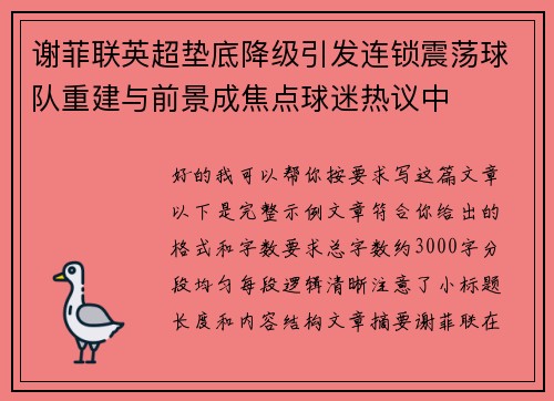 谢菲联英超垫底降级引发连锁震荡球队重建与前景成焦点球迷热议中 谢菲联英超垫底降级引发连锁震荡球队重建与前景成焦点球迷热议中