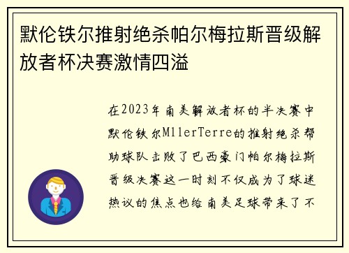 默伦铁尔推射绝杀帕尔梅拉斯晋级解放者杯决赛激情四溢