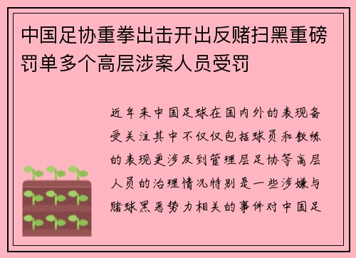 中国足协重拳出击开出反赌扫黑重磅罚单多个高层涉案人员受罚